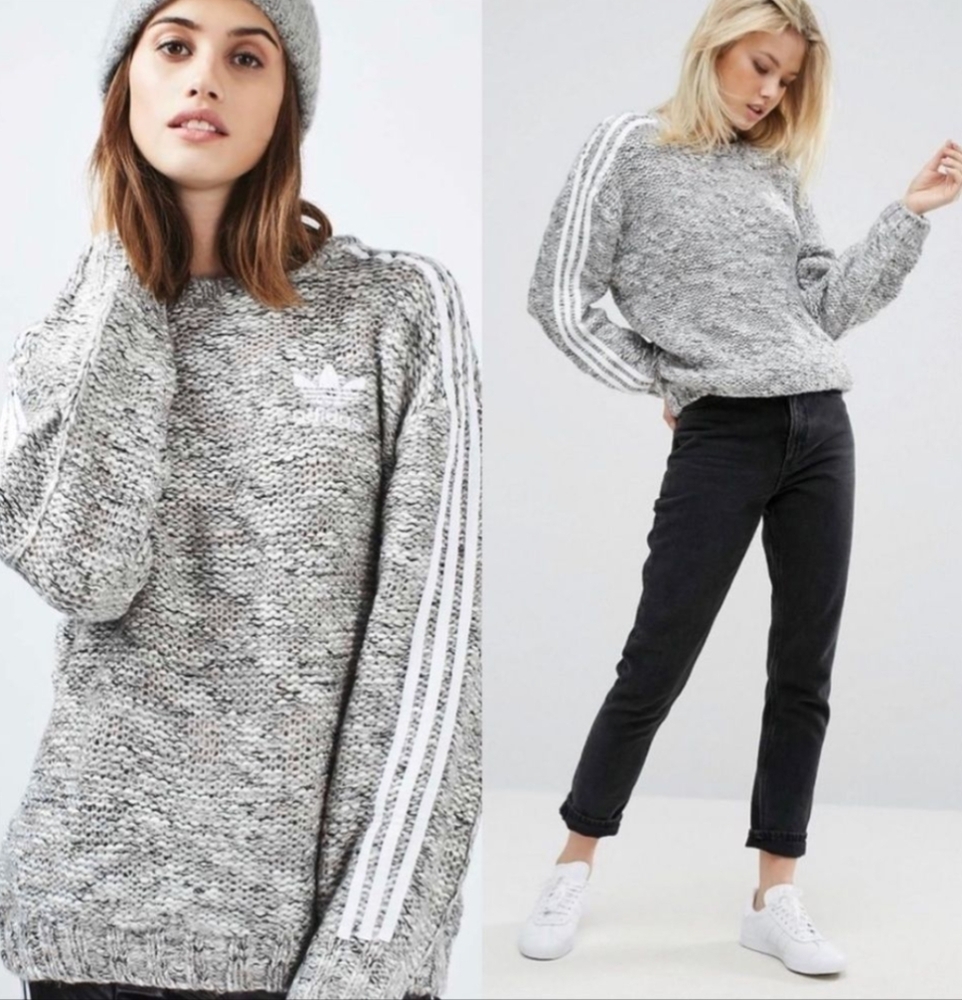 adidas Originals Three Stripe Chunky Knitted Jumper Sweater Gray Size XS